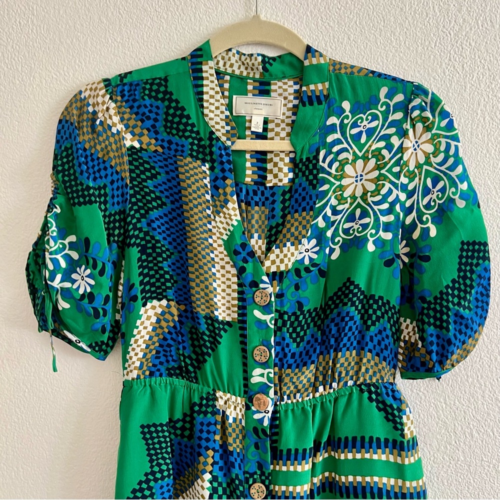 Anthropologie- Moulinette Soeurs Vibrant Green Blue Puff Sleeve Dress- Size 2 - Picture 2 of 8
